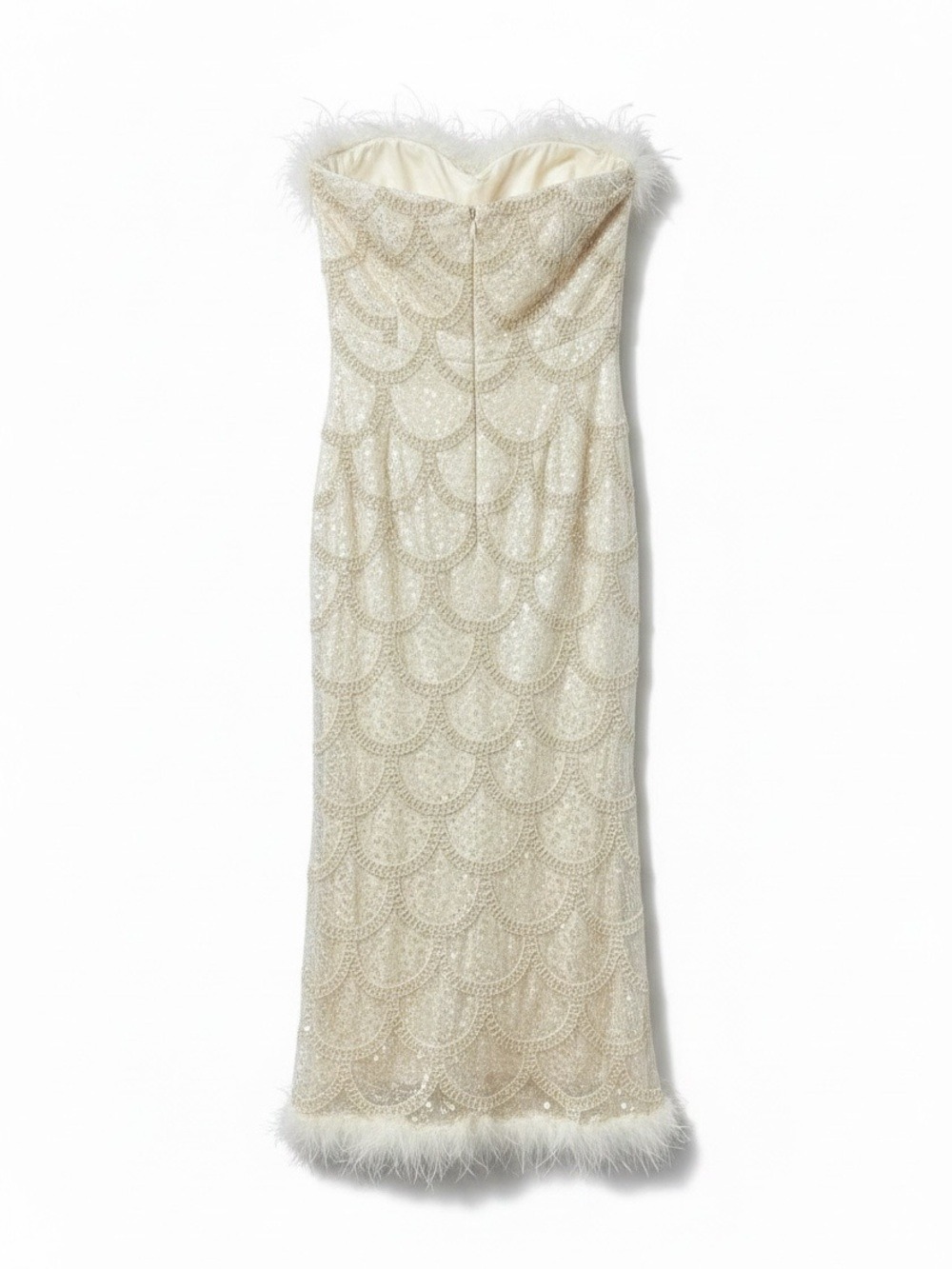 Lulus Uniquely Confident Cream Lace Feather Strapless Midi Dress Size Medium NWT - Picture 3 of 8
